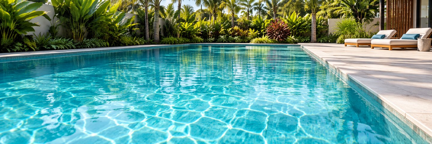 Piscina com água cristalina e jardim tropical